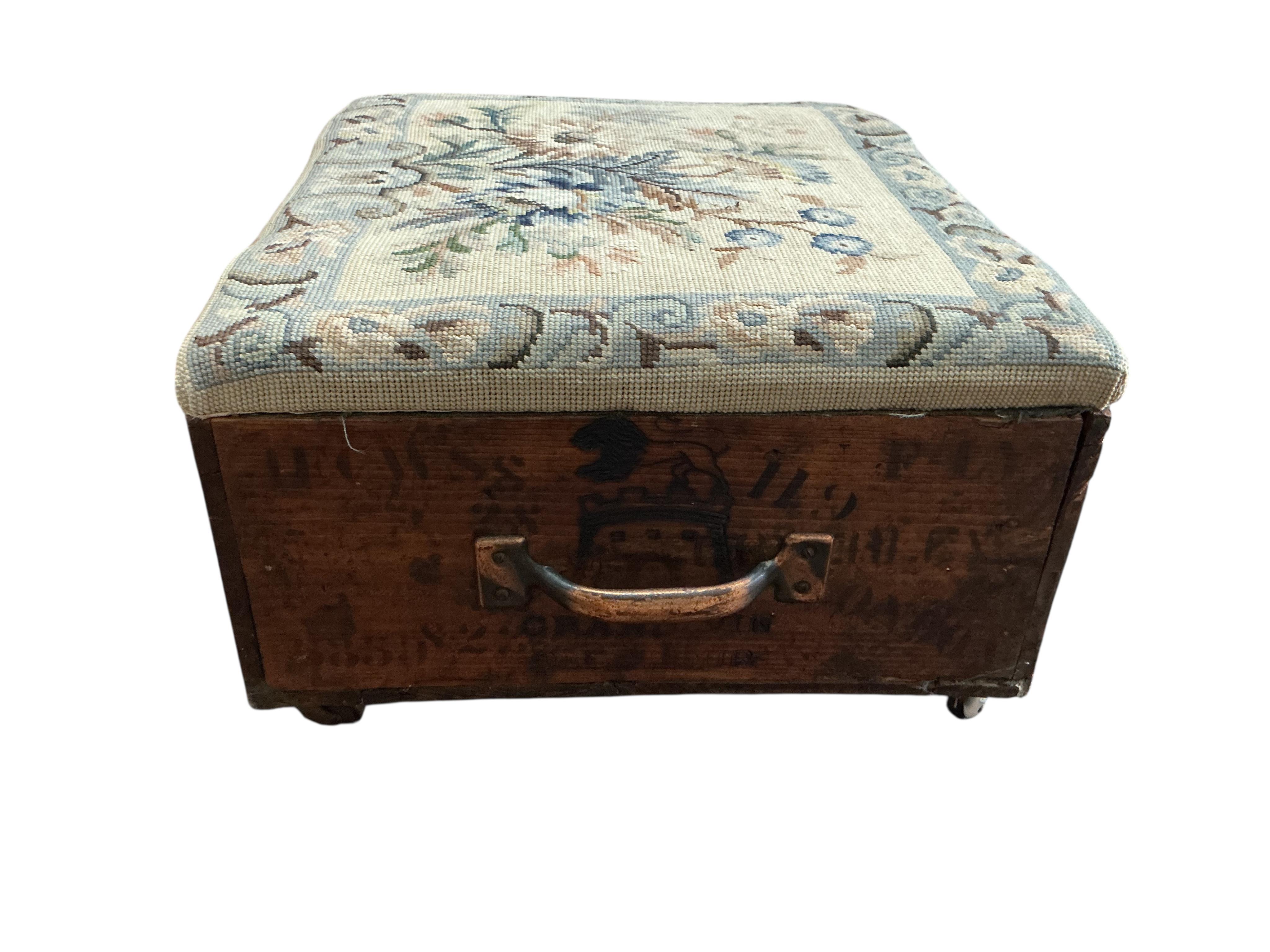 A Latour wine case footstool with a tapestry top, width 50cm, depth 44cm, height 20cm